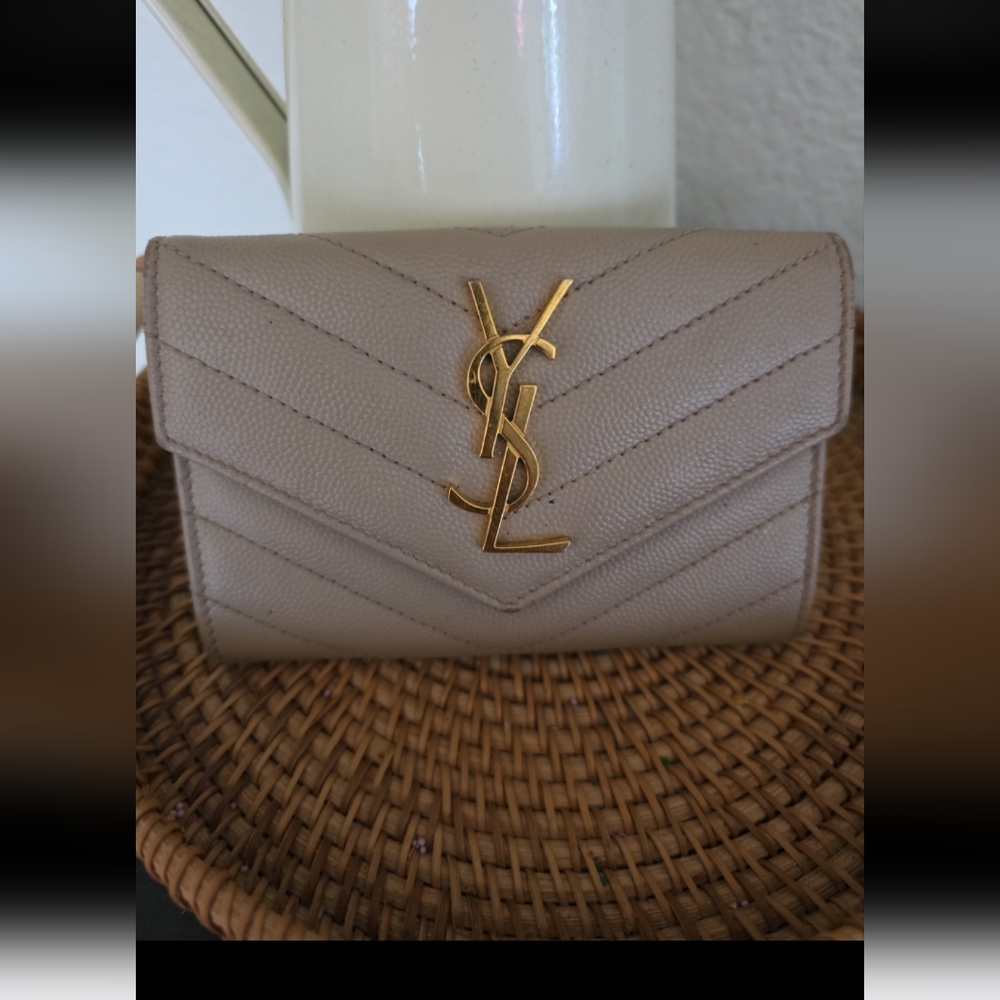 Yves Saint Laurent Monogram Small Flap Wallet in Cream Grained Leather